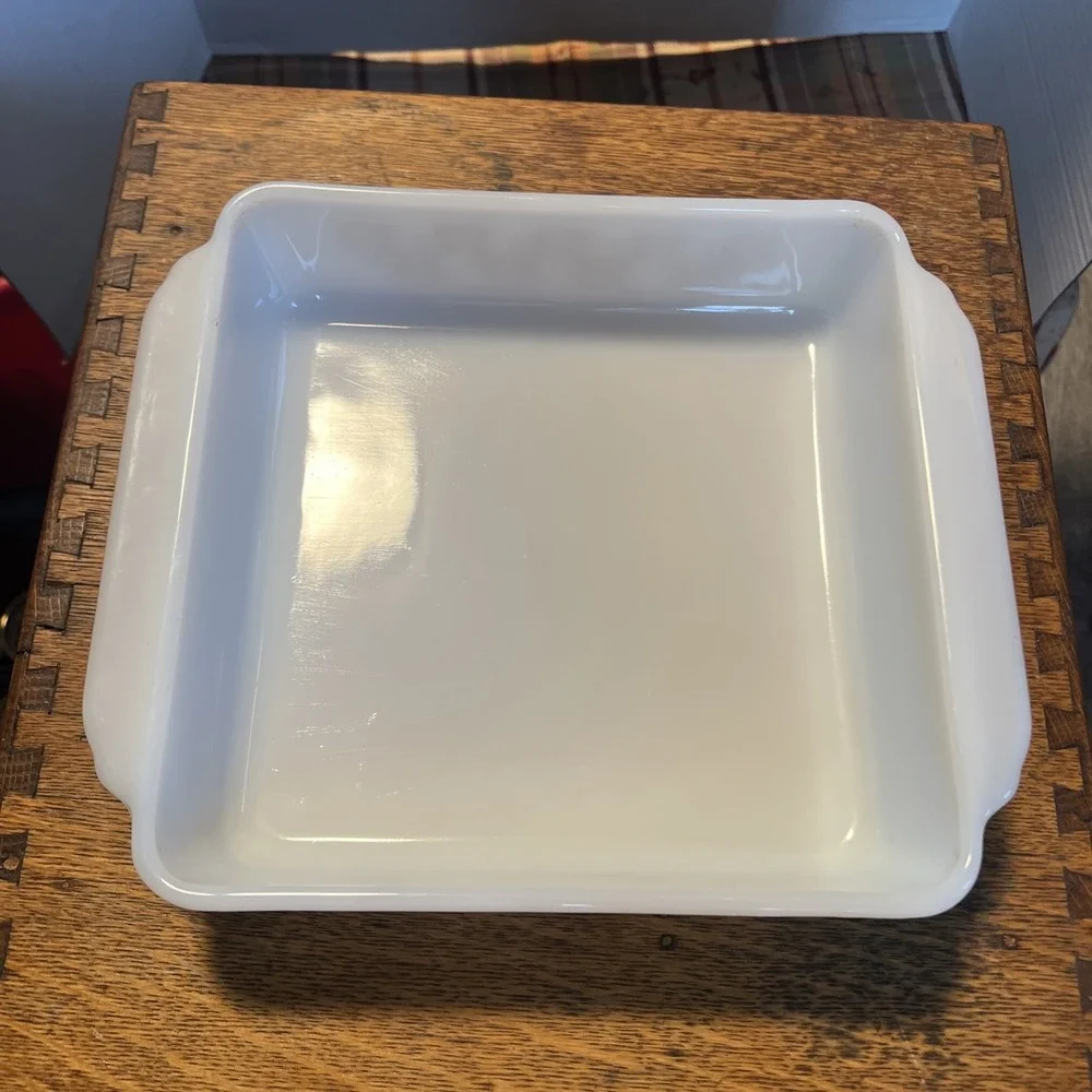 Vtg Fire King Gold Atomic Starburst Milk Glass Casserole Dish Square MCM 8in